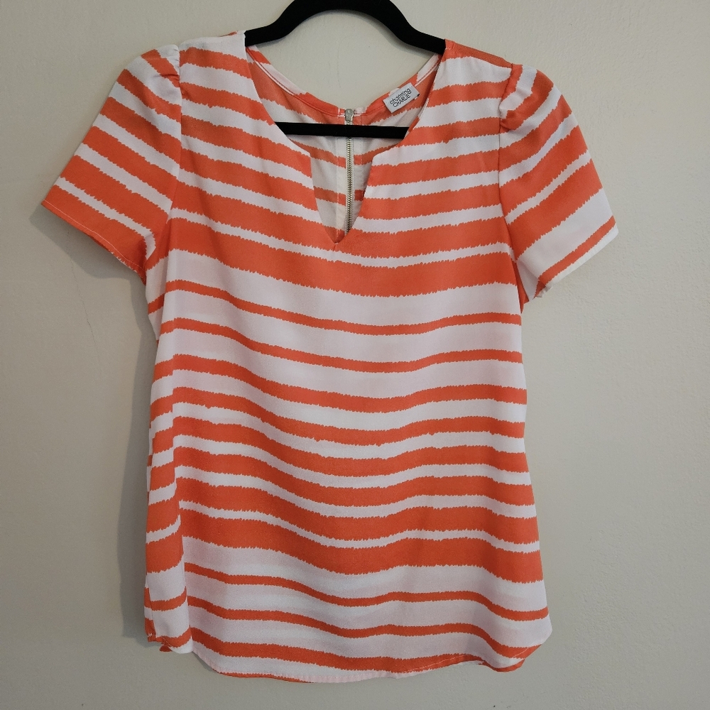 Charming Charlie Vibrant Orange White Striped Blouse Career Zipper Flowy Small